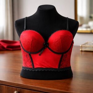 La Senza Red Lace Longline Bustier Bra Corset Size L Black Trim Sexy Lace